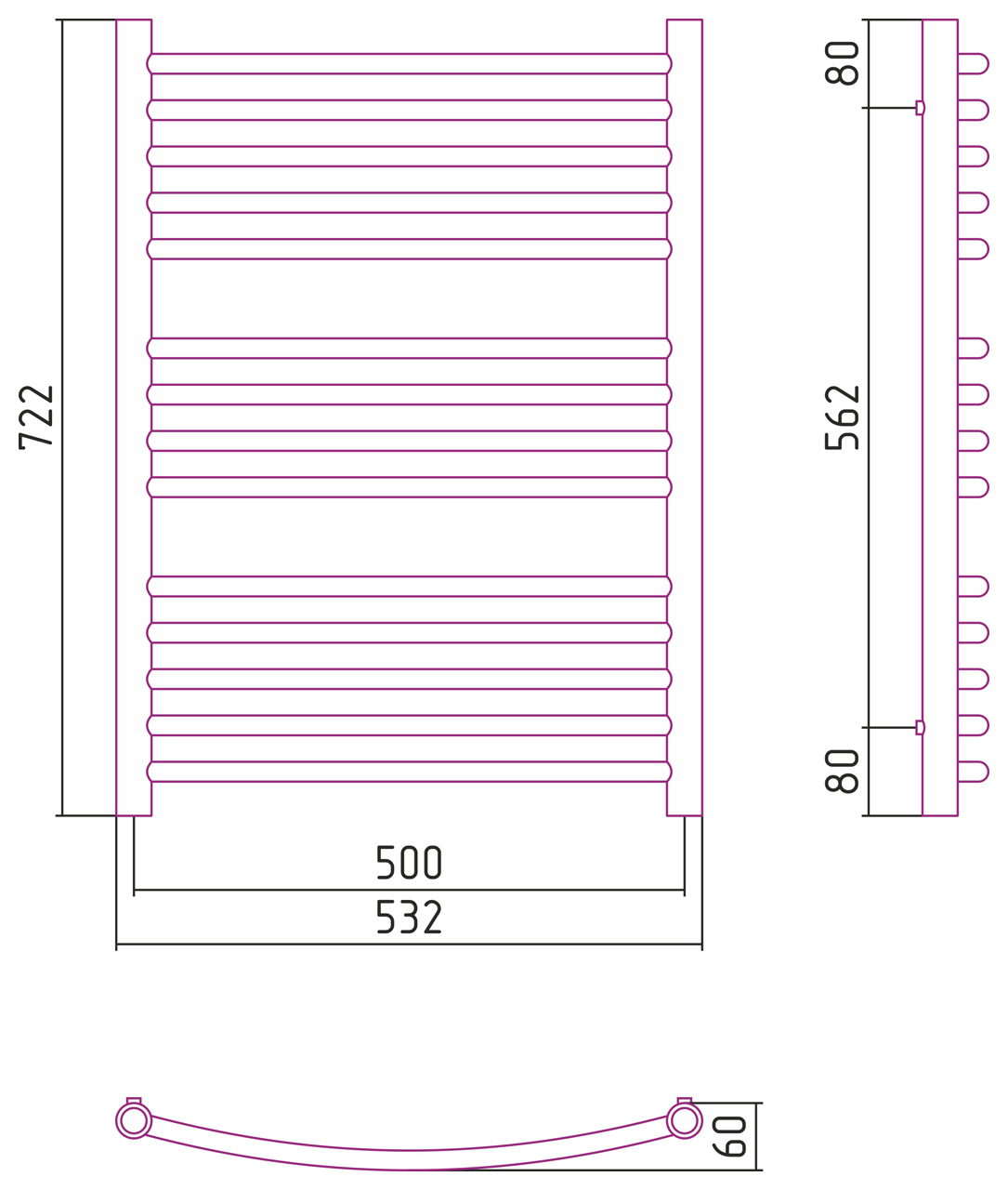 Полотенцесушитель комбинированный Сунержа Богема-ПРОФИ выгнутый 800x500. 00-5101-8050